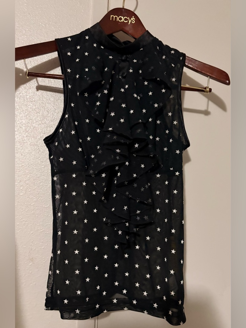 Black Sleeveless White Stars Mesh See Through Top with Ruffle Button Front & bow